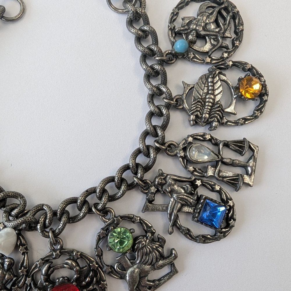 VTG FLORENZA SILVER TONE RHINESTONE ZODIAC CHARM BRACELET HEAVY - Picture 11 of 16